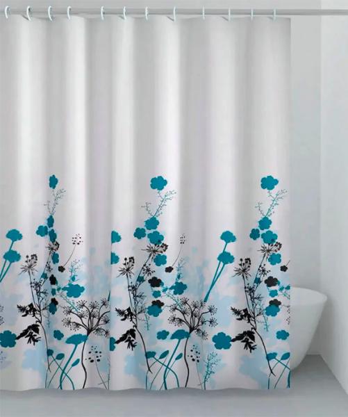 Hefe badeforhæng m/blå blomster 120 x 200 cm Hefe badeforhæng m/blå blomster 120 x 200 cm