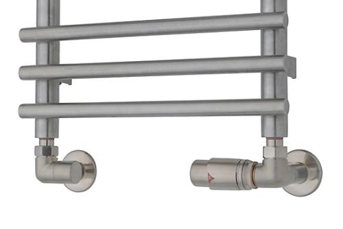 TVS Ventilsæt type 220 m/returtermostat, højre, vinkelløbende - Børstet rustfrit stål TVS Ventilsæt type 220 m/returtermostat, højre, vinkelløbende - Børstet rustfrit stål
