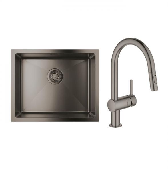 Grohe K700U rustfri st&aring;lvask inkl. Grohe New Minta k&oslash;kkenarmatur m/udtr&aelig;k - B&oslash;rstet hard graphite