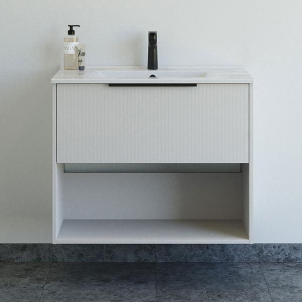 Dansani Mido+ Classic 81 møbelsæt m/Amber vask, 1 skuffe og åbent rum - Striber/mat sand Dansani Mido+ Classic 81 møbelsæt m/Amber vask, 1 skuffe og åbent rum - Striber/mat sand