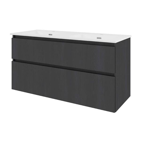 Sanibell Proline 120 møbelsæt m/2 asymmetriske skuffer og dobbeltvask - Sort eg Sanibell Proline 120 møbelsæt m/2 asymmetriske skuffer og dobbeltvask - Sort eg