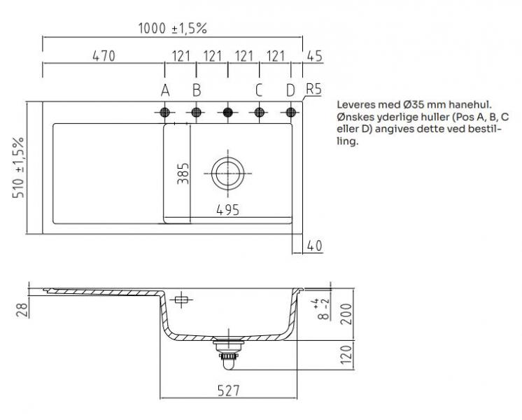 Lavabo Mera 100 SL porcelænskøkkenvask - Vask til højre/sort afløb Lavabo Mera 100 SL porcelænskøkkenvask - Vask til højre/sort afløb