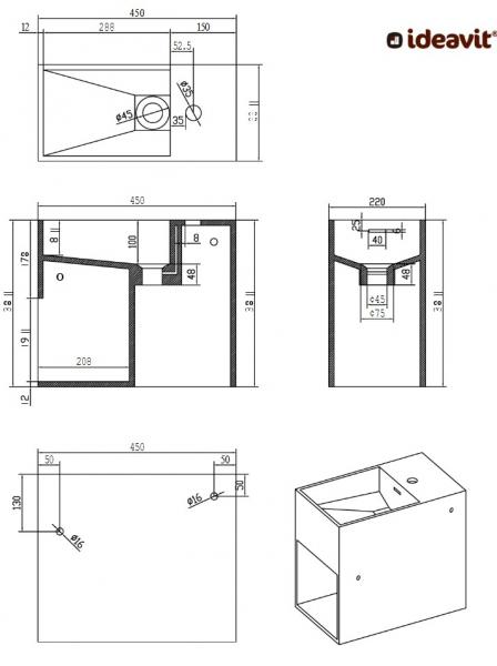 Ideavit Solidwash 45 håndvask t/væg - 1 hanehul