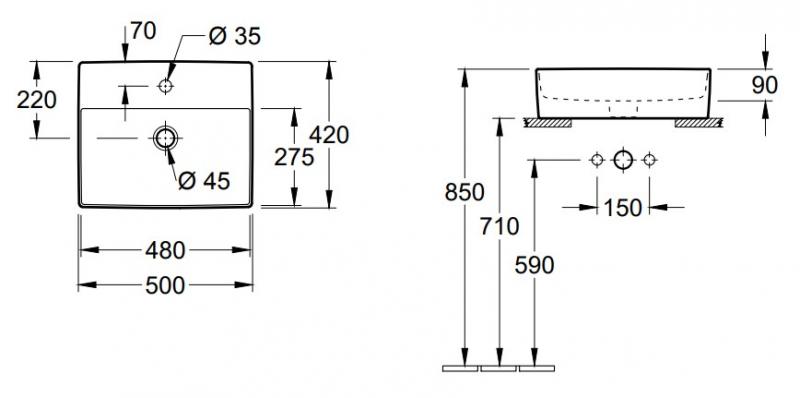 V&B Memento 2.0 50 fritstående bowlevask - 1/3 hanehuller - Med overløb V&B Memento 2.0 50 fritstående bowlevask - 1/3 hanehuller - Med overløb