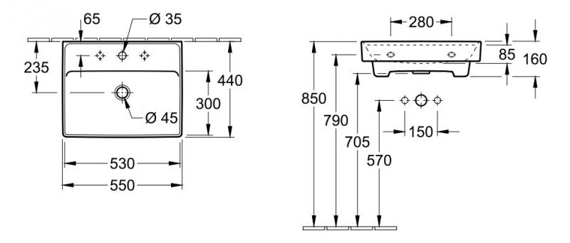 V&B Collaro 55 håndvask t/væg - 1/3 hanehuller V&B Collaro 55 håndvask t/væg - 1/3 hanehuller