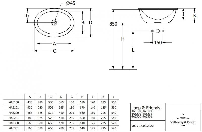 V&B Loop&Friends 57 håndvask t/nedfældning - Med overløb V&B Loop&Friends 57 håndvask t/nedfældning - Med overløb