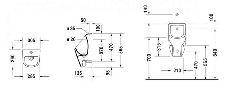 Duravit D-code urinal m/dyse tilslutning fra oven og åben skyllerand