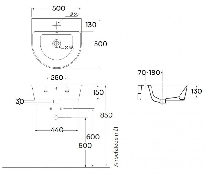 Lavabo Forma 50 h&aring;ndvask t/v&aelig;g eller m&oslash;bel - 1 hanehul - Perl&eacute;