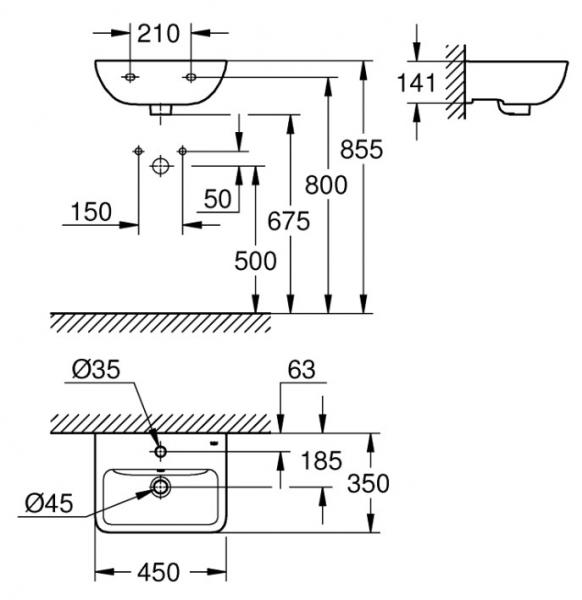 Grohe Start Edge 45 håndvask t/væg - 1 hanehul Grohe Start Edge 45 håndvask t/væg - 1 hanehul