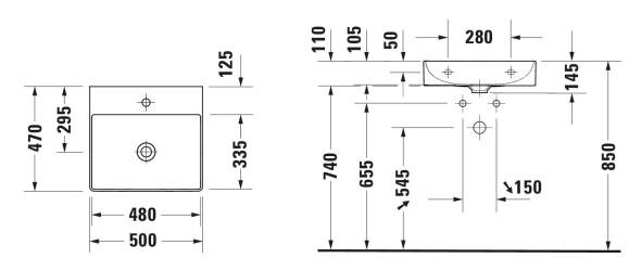 Duravit DuraSquare 50 håndvask t/væg eller møbel - 1 hanehul - Uden overløb - Wondergliss Duravit DuraSquare 50 håndvask t/væg eller møbel - 1 hanehul - Uden overløb - Wondergliss