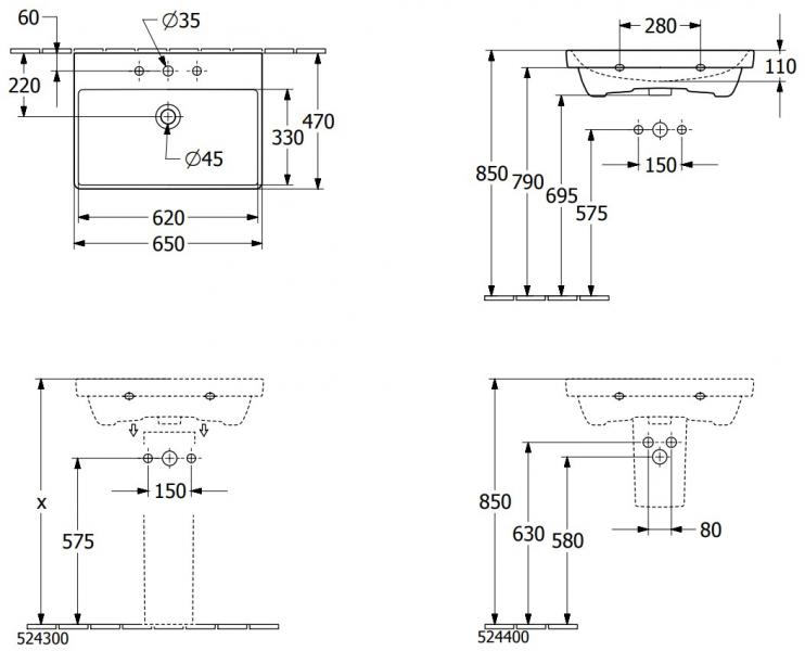 V&B Avento 65 håndvask t/væg - 1/3 hanehuller V&B Avento 65 håndvask t/væg - 1/3 hanehuller