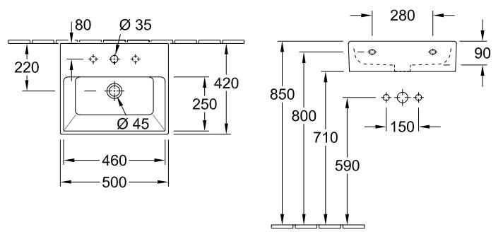 V&B Memento 50 håndvask t/væg eller møbel - 1/3 hanehuller - Med overløb V&B Memento 50 håndvask t/væg eller møbel - 1/3 hanehuller - Med overløb