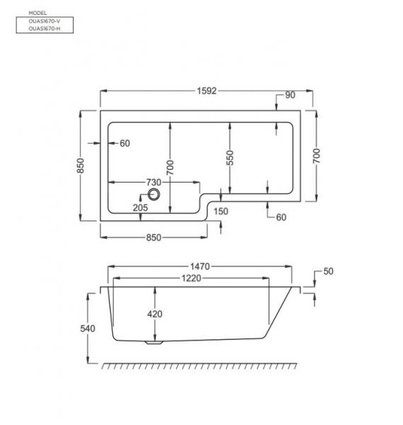Strømberg Quantum badekar t/brus - 160 x 70/85 - Højre - 1 ryglæn Strømberg Quantum badekar t/brus - 160 x 70/85 - Højre - 1 ryglæn