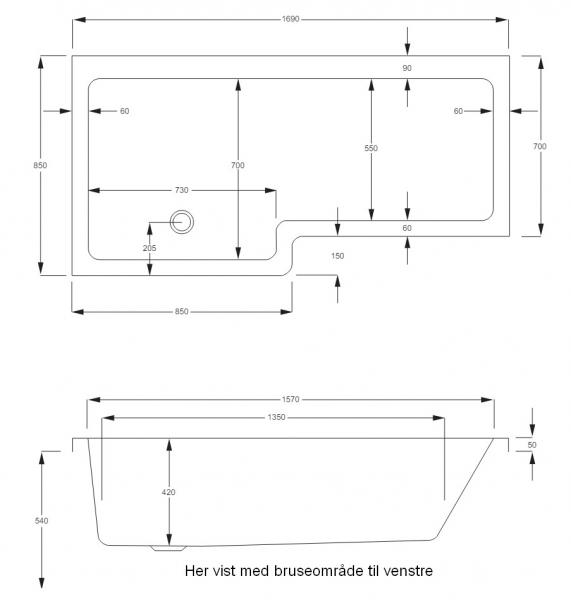 Strømberg Quantum badekar t/brus - 170 x 70/85 - Højre - 1 ryglæn Strømberg Quantum badekar t/brus - 170 x 70/85 - Højre - 1 ryglæn