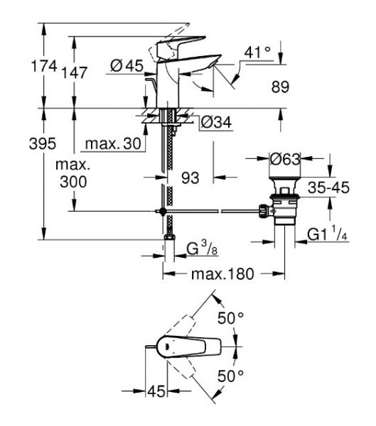 Grohe Start Edge S håndvaskarmatur m/løftestang og bundventil Grohe Start Edge S håndvaskarmatur m/løftestang og bundventil