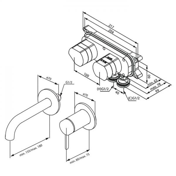Damixa Iris komplet håndvaskarmatur til indbygning - Børstet messing