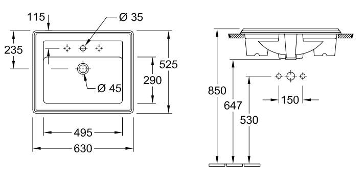 V&B Hommage 63 håndvask t/nedfældning - 3 hanehuller - Ceramic+ V&B Hommage 63 håndvask t/nedfældning - 3 hanehuller - Ceramic+