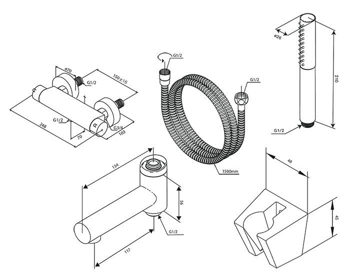 Damixa Iris komplet badekararmatur - Børstet messing