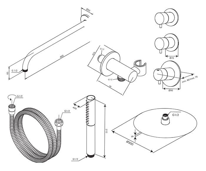 Damixa Iris XS 1 300 brusesæt til indbygning - Mat sort