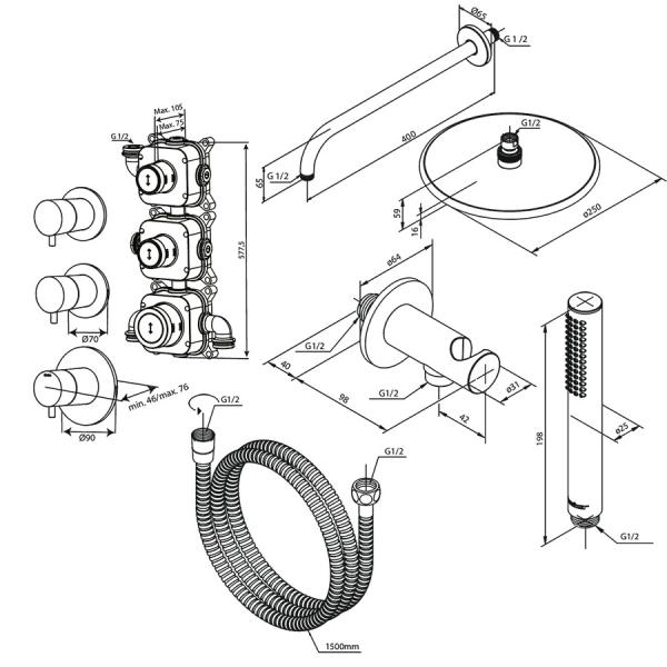 Damixa Silhouet XS 1 komplet brusesystem til indbygning - Steel Damixa Silhouet XS 1 komplet brusesystem til indbygning - Steel