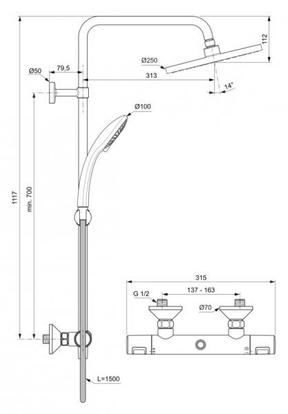 Ideal Standard Ceratherm T25 250 komplet brusesystem Eco - Krom Ideal Standard Ceratherm T25 250 komplet brusesystem Eco - Krom