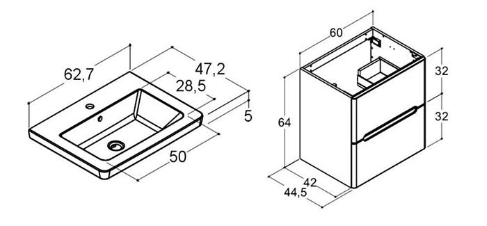 Dansani Luna Vintage 60 møbelsæt m/Larghetto vask, skuffer og integrerede greb - Valgfri farve Dansani Luna Vintage 60 møbelsæt m/Larghetto vask, skuffer og integrerede greb - Valgfri farve