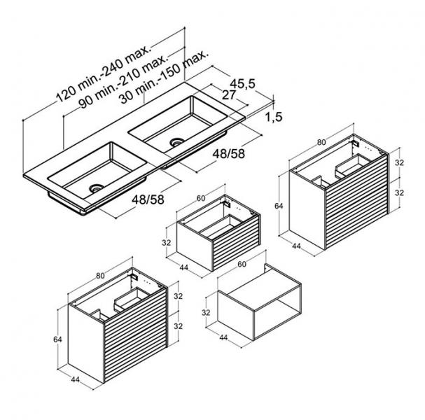 Dansani Luna Classic 220 møbelsæt m/Minore dobbeltvask og lameller - Eg noir