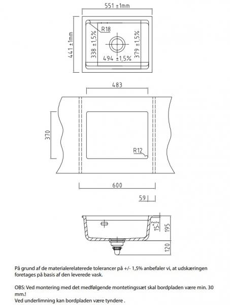 Lavabo Kara 50 U porcelænskøkkenvask - Mat sort m/messing afløb Lavabo Kara 50 U porcelænskøkkenvask - Mat sort m/messing afløb