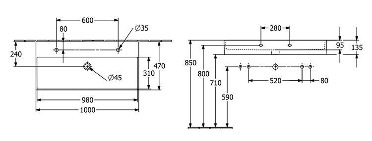 V&B Memento 2.0 100 håndvask t/væg - Med 2 hanehuller - Ceramic+ V&B Memento 2.0 100 håndvask t/væg - Med 2 hanehuller - Ceramic+