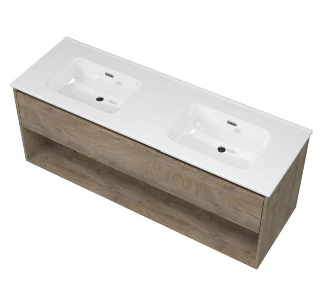 Sanibell Proline 140 møbelsæt m/skuffe, hylde og dobbeltvask - Uden hanehul - Rå eg Sanibell Proline 140 møbelsæt m/skuffe, hylde og dobbeltvask - Uden hanehul - Rå eg