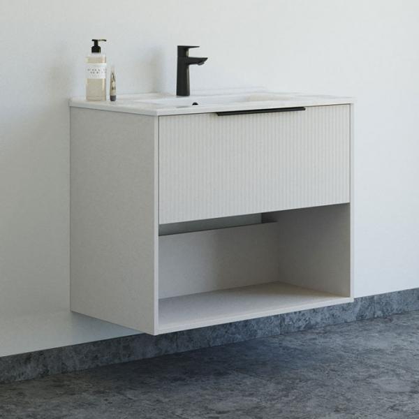 Dansani Mido+ Classic 81 møbelsæt m/Amber vask, 1 skuffe og åbent rum - Striber/mat sand Dansani Mido+ Classic 81 møbelsæt m/Amber vask, 1 skuffe og åbent rum - Striber/mat sand